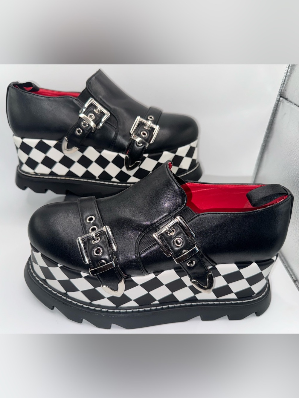 Lamoda Double Buckle Checkerboard Platform Creepers | Women’s Size 8